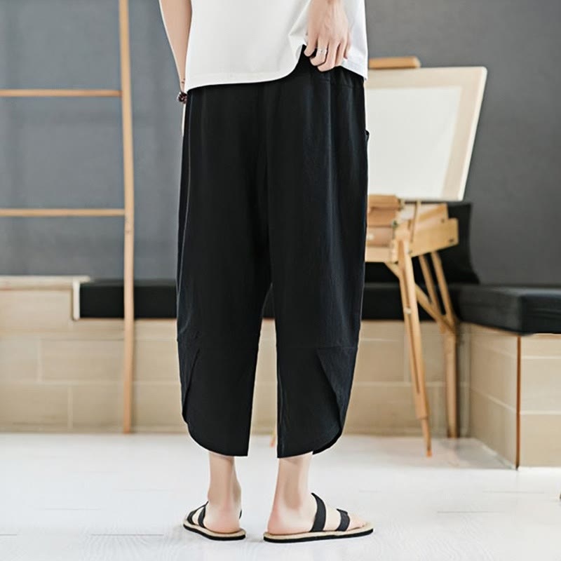 Pantalon d'été en coton et lin pour homme, couleur unie, longueur 7-8, avec cordon de serrage et poches