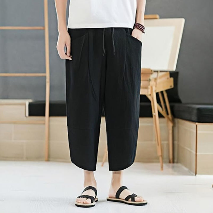Pantalon d'été en coton et lin pour homme, couleur unie, longueur 7-8, avec cordon de serrage et poches