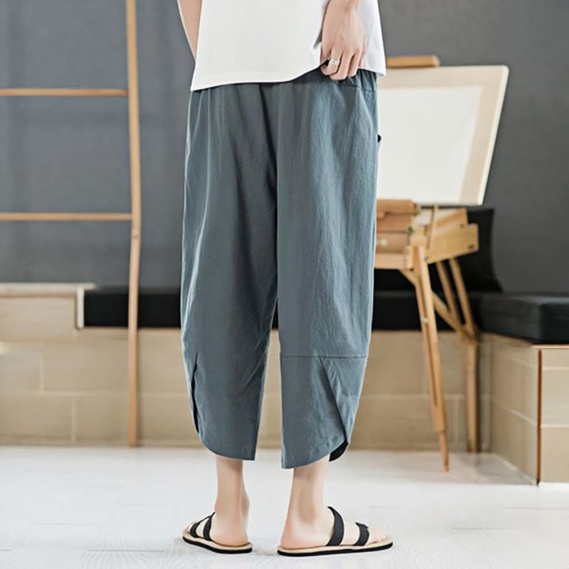 Pantalon d'été en coton et lin pour homme, couleur unie, longueur 7-8, avec cordon de serrage et poches
