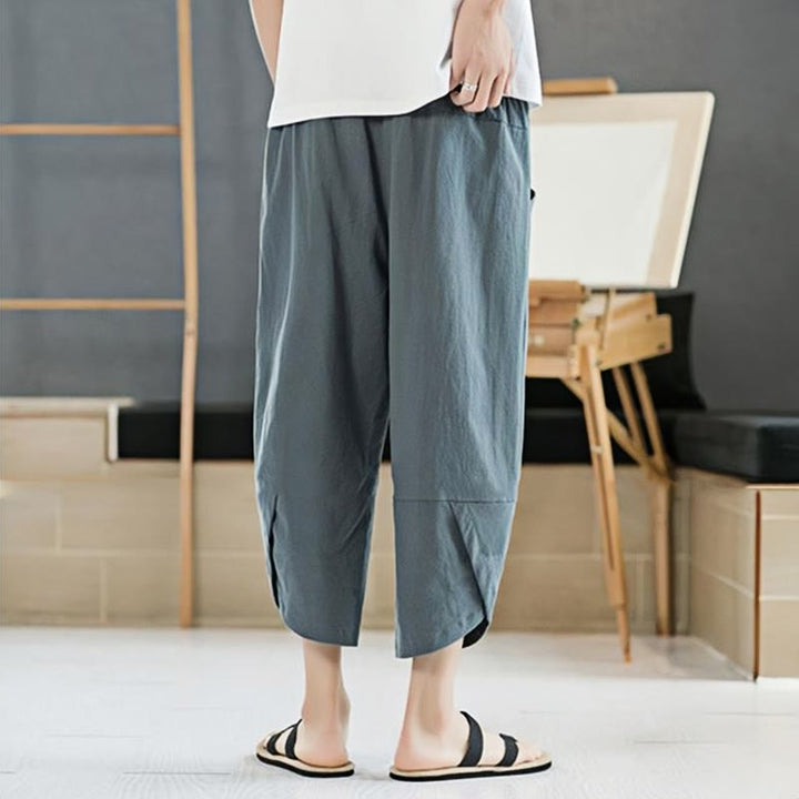 Pantalon d'été en coton et lin pour homme, couleur unie, longueur 7-8, avec cordon de serrage et poches