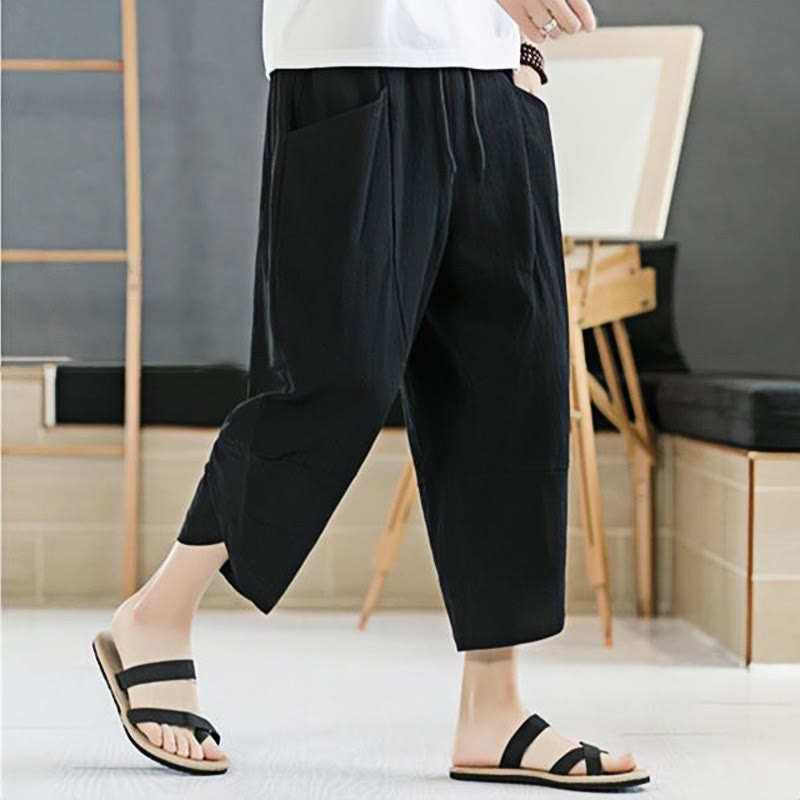 Pantalon d'été en coton et lin pour homme, couleur unie, longueur 7-8, avec cordon de serrage et poches