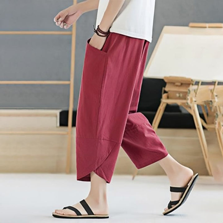 Pantalon d'été en coton et lin pour homme, couleur unie, longueur 7-8, avec cordon de serrage et poches