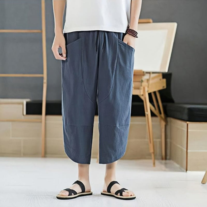 Pantalon d'été en coton et lin pour homme, couleur unie, longueur 7-8, avec cordon de serrage et poches