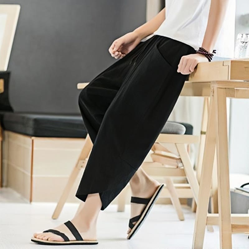 Pantalon d'été en coton et lin pour homme, couleur unie, longueur 7-8, avec cordon de serrage et poches