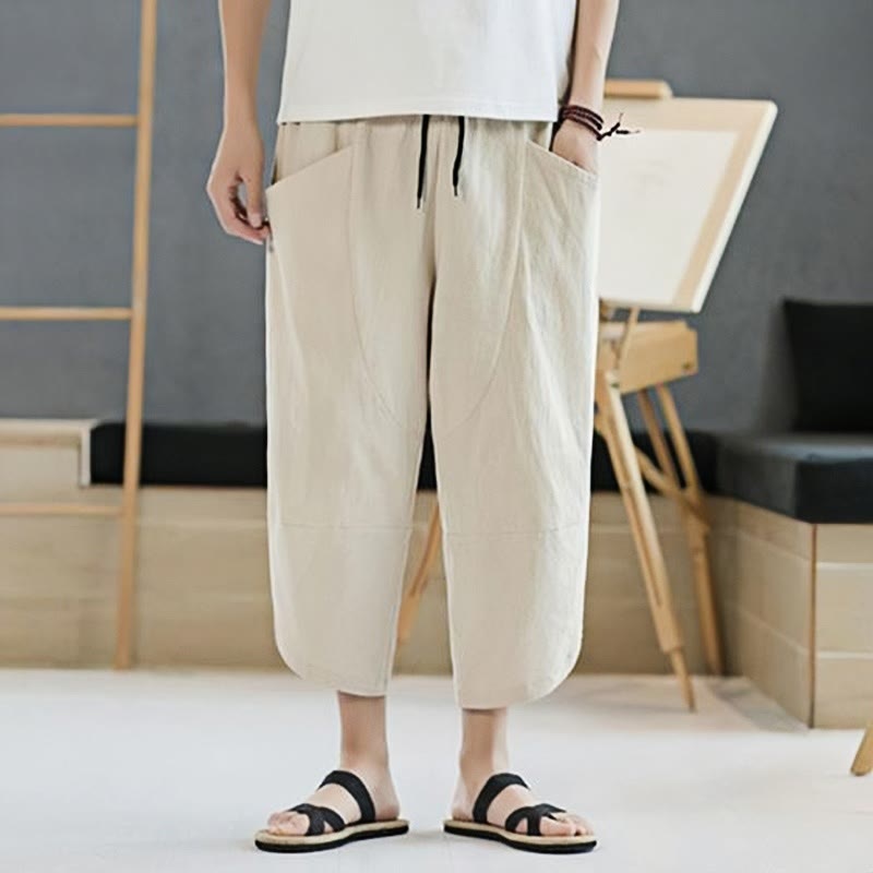 Pantalon d'été en coton et lin pour homme, couleur unie, longueur 7-8, avec cordon de serrage et poches