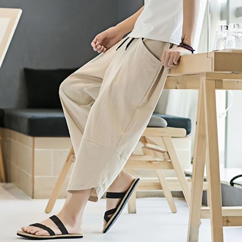 Pantalon d'été en coton et lin pour homme, couleur unie, longueur 7-8, avec cordon de serrage et poches