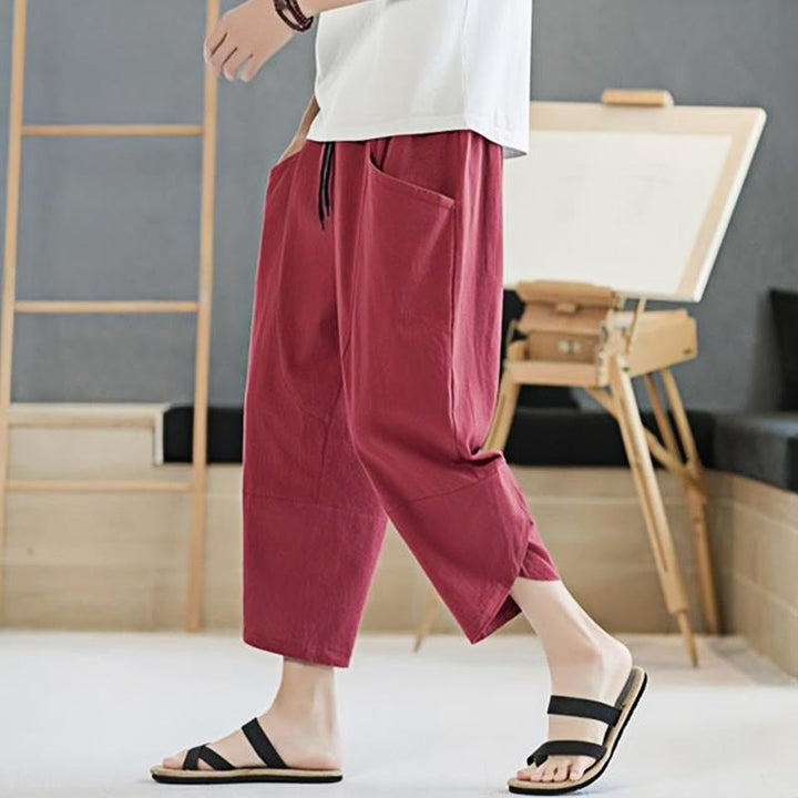 Pantalon d'été en coton et lin pour homme, couleur unie, longueur 7-8, avec cordon de serrage et poches