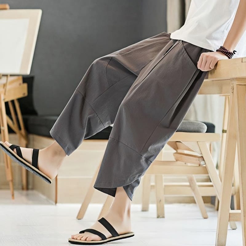 Pantalon d'été en coton et lin pour homme, couleur unie, longueur 7-8, avec cordon de serrage et poches
