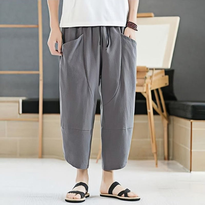 Pantalon d'été en coton et lin pour homme, couleur unie, longueur 7-8, avec cordon de serrage et poches