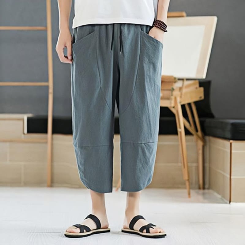 Pantalon d'été en coton et lin pour homme, couleur unie, longueur 7-8, avec cordon de serrage et poches