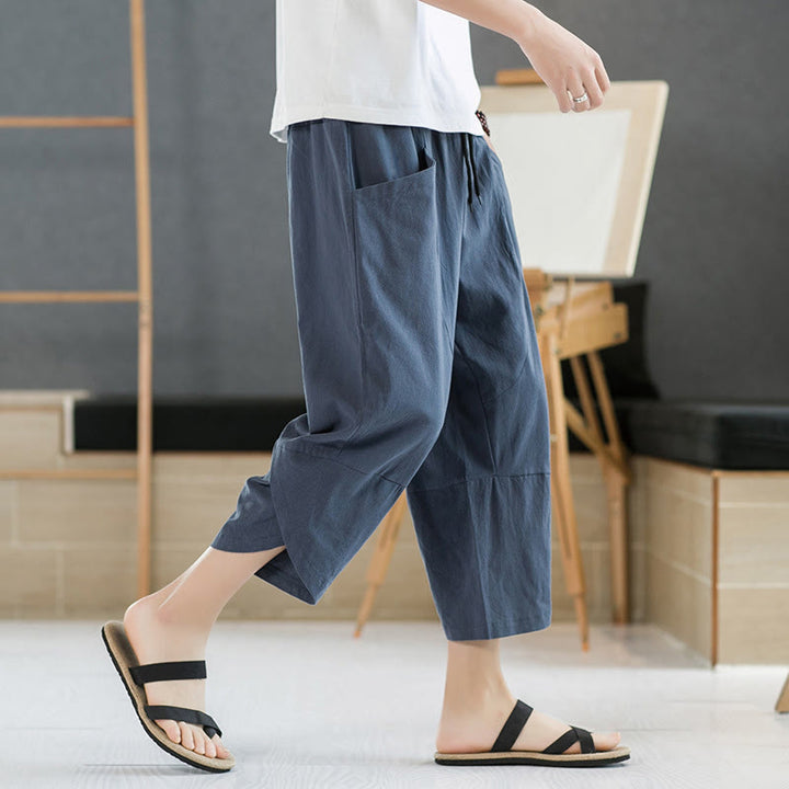 Pantalon d'été en coton et lin pour homme, couleur unie, longueur 7-8, avec cordon de serrage et poches