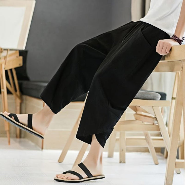 Pantalon d'été en coton et lin pour homme, couleur unie, longueur 7-8, avec cordon de serrage et poches