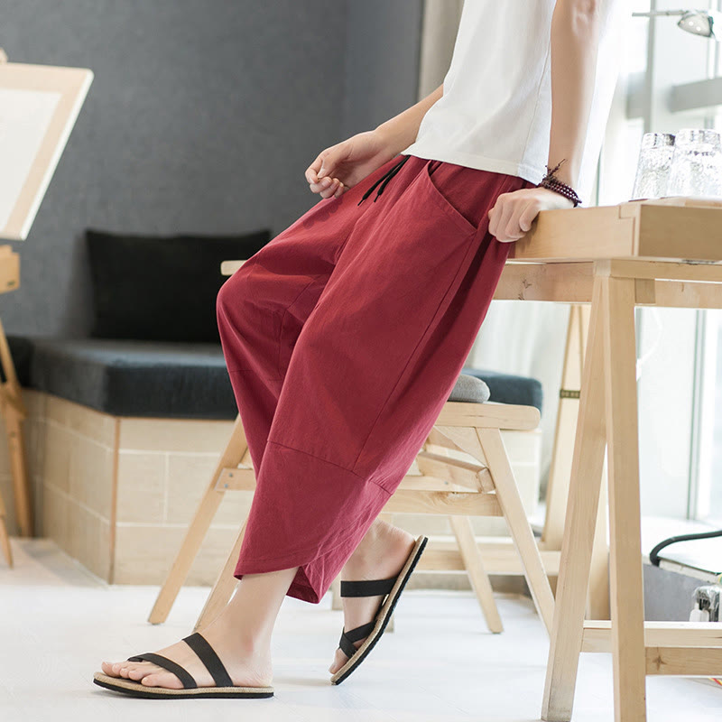 Pantalon d'été en coton et lin pour homme, couleur unie, longueur 7-8, avec cordon de serrage et poches