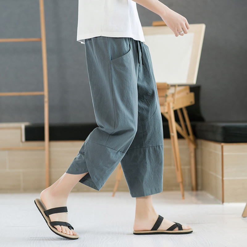 Pantalon d'été en coton et lin pour homme, couleur unie, longueur 7-8, avec cordon de serrage et poches