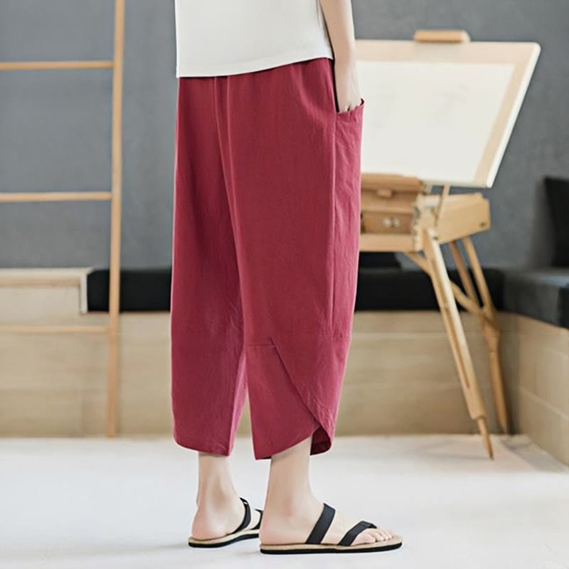 Pantalon d'été en coton et lin pour homme, couleur unie, longueur 7-8, avec cordon de serrage et poches