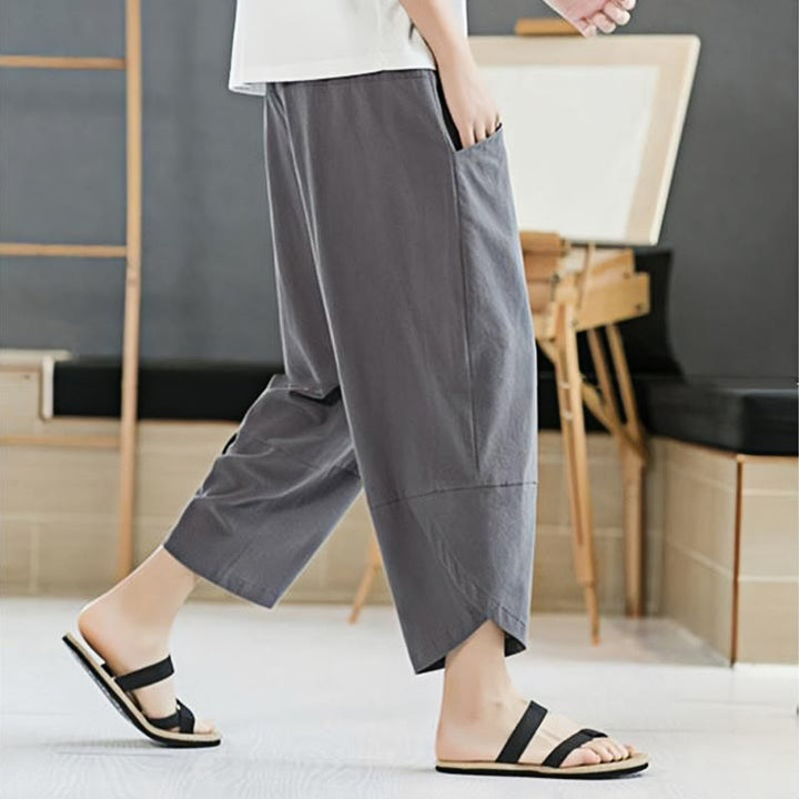 Pantalon d'été en coton et lin pour homme, couleur unie, longueur 7-8, avec cordon de serrage et poches