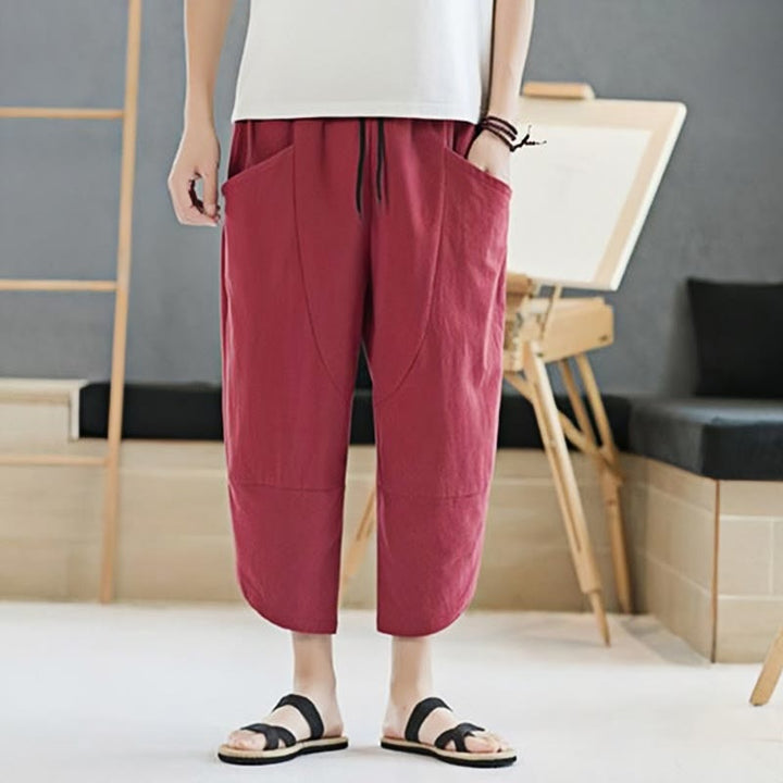 Pantalon d'été en coton et lin pour homme, couleur unie, longueur 7-8, avec cordon de serrage et poches