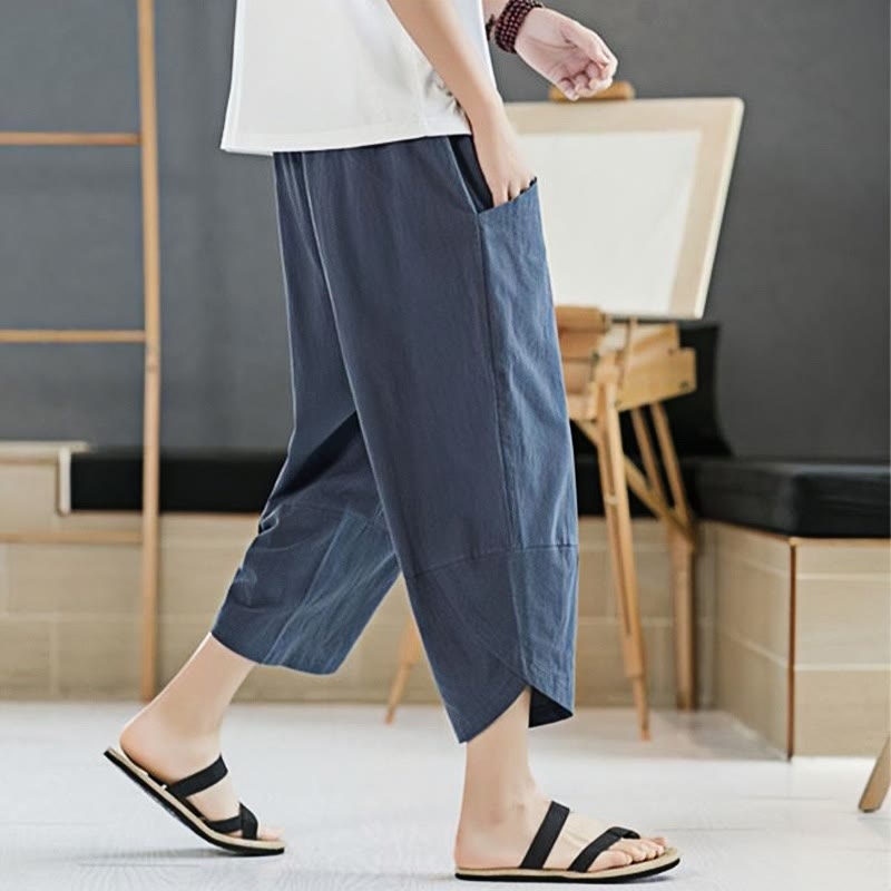 Pantalon d'été en coton et lin pour homme, couleur unie, longueur 7-8, avec cordon de serrage et poches