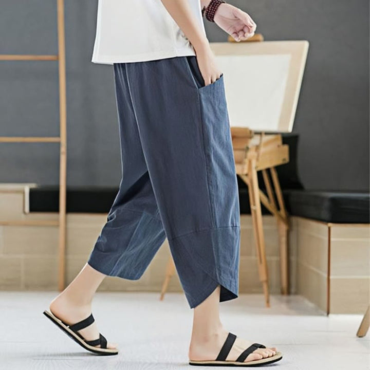 Pantalon d'été en coton et lin pour homme, couleur unie, longueur 7-8, avec cordon de serrage et poches