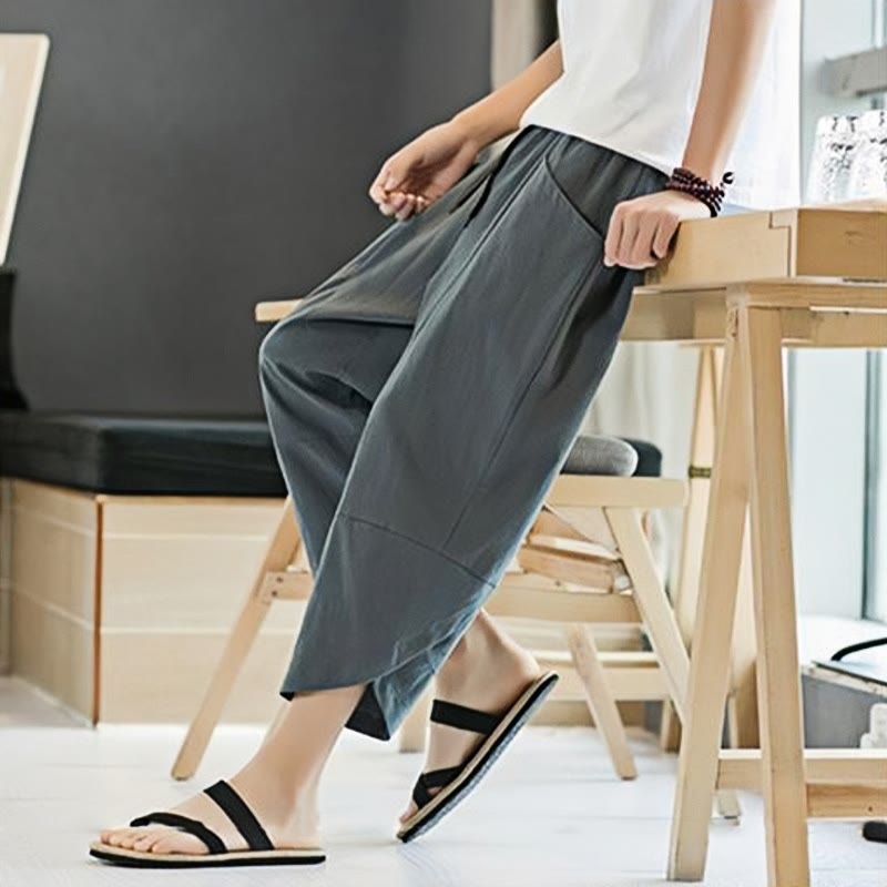 Pantalon d'été en coton et lin pour homme, couleur unie, longueur 7-8, avec cordon de serrage et poches