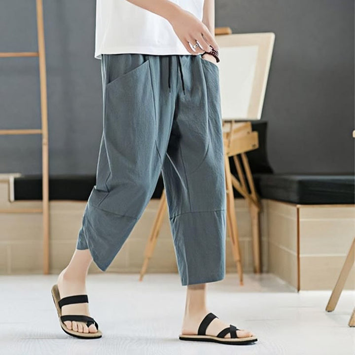 Pantalon d'été en coton et lin pour homme, couleur unie, longueur 7-8, avec cordon de serrage et poches