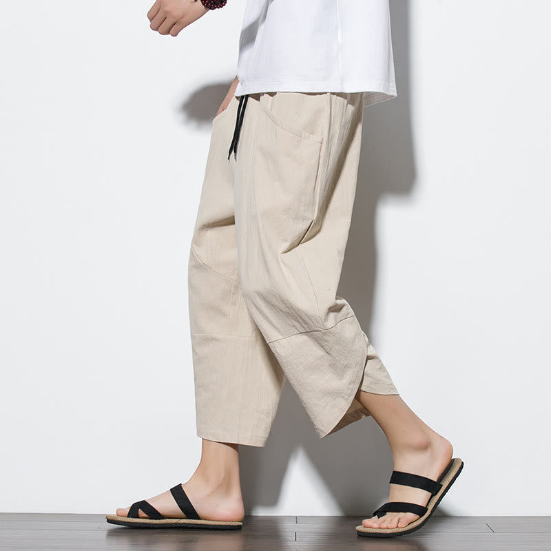 Pantalon d'été en coton et lin pour homme, couleur unie, longueur 7-8, avec cordon de serrage et poches