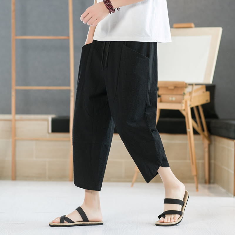 Pantalon d'été en coton et lin pour homme, couleur unie, longueur 7-8, avec cordon de serrage et poches