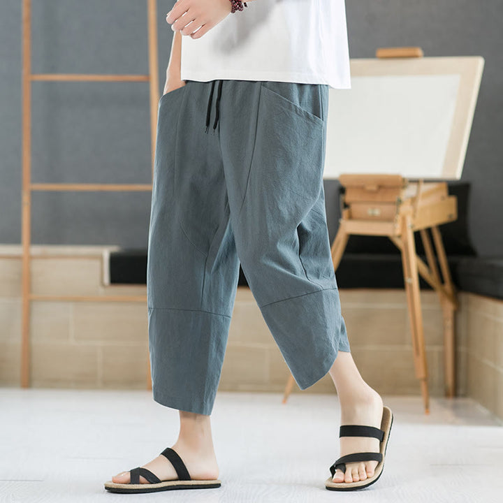 Pantalon d'été en coton et lin pour homme, couleur unie, longueur 7-8, avec cordon de serrage et poches