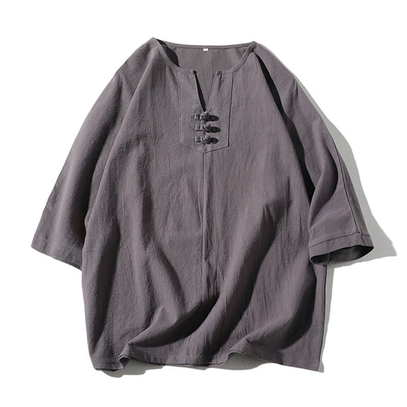 Ensemble de vêtements de méditation pour homme Buddha Stones (2 pièces) : T-shirt uni à col cranté, short large à poches. - image 1