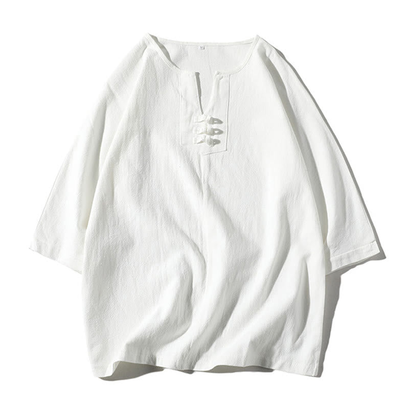 Ensemble de 2 pièces de méditation pour homme, t-shirt Buddha Stones à col cranté, short large longueur 7-8 avec poches, en coton et lin