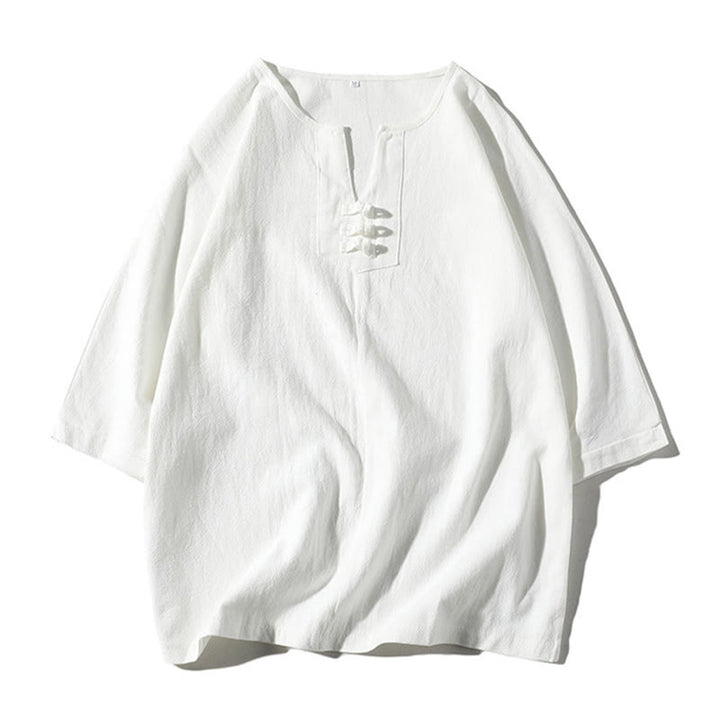 Ensemble de 2 pièces de méditation pour homme, t-shirt Buddha Stones à col cranté, short large longueur 7-8 avec poches, en coton et lin