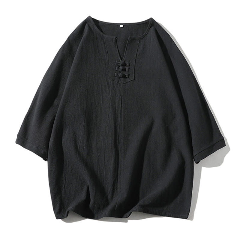 Ensemble de 2 pièces de méditation pour homme, t-shirt Buddha Stones à col cranté, short large longueur 7-8 avec poches, en coton et lin