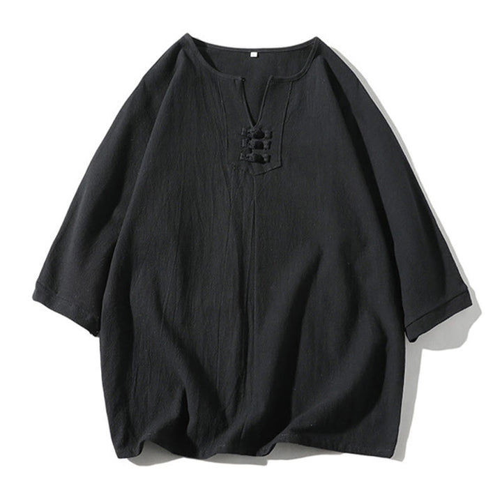 Ensemble de 2 pièces de méditation pour homme, t-shirt Buddha Stones à col cranté, short large longueur 7-8 avec poches, en coton et lin