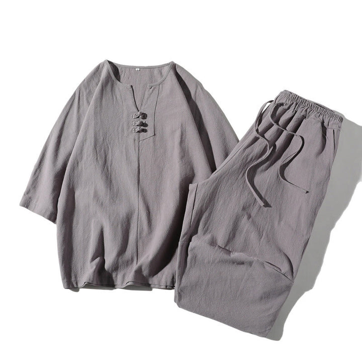 Ensemble de 2 pièces de méditation pour homme, t-shirt Buddha Stones à col cranté, short large longueur 7-8 avec poches, en coton et lin