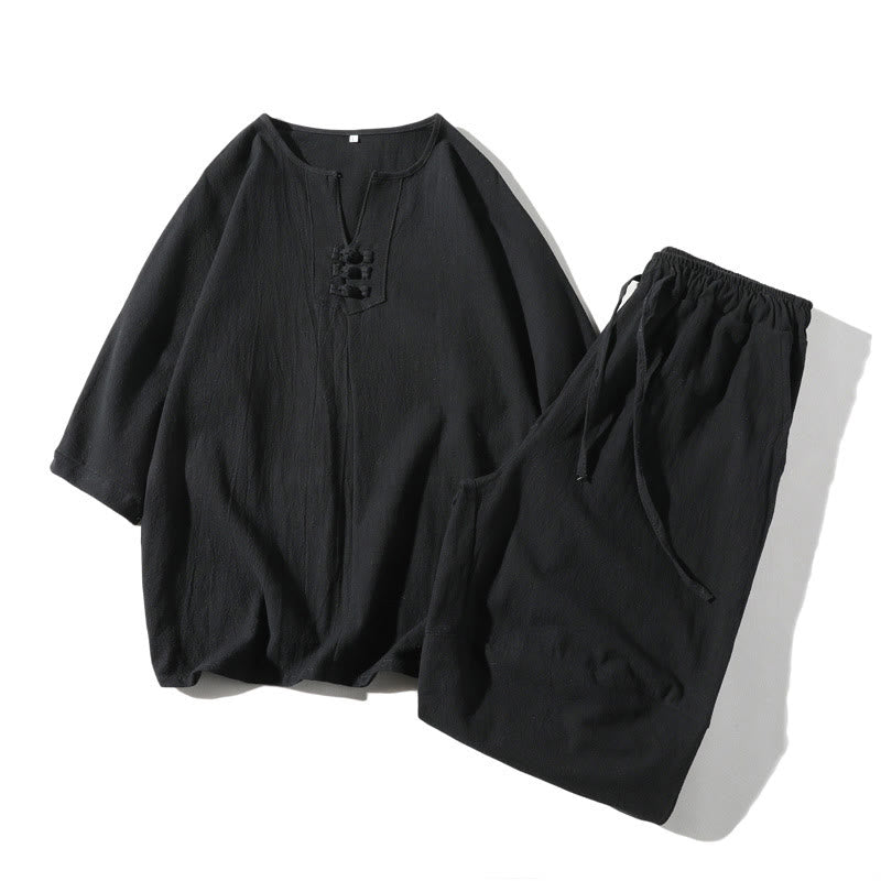 Ensemble de 2 pièces de méditation pour homme, t-shirt Buddha Stones à col cranté, short large longueur 7-8 avec poches, en coton et lin