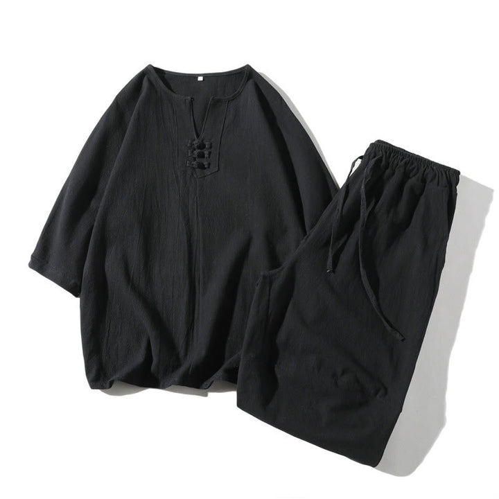 Ensemble de 2 pièces de méditation pour homme, t-shirt Buddha Stones à col cranté, short large longueur 7-8 avec poches, en coton et lin