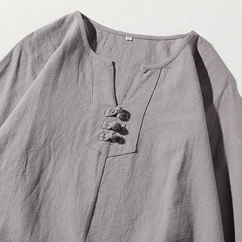 Ensemble de 2 pièces de méditation pour homme, t-shirt Buddha Stones à col cranté, short large longueur 7-8 avec poches, en coton et lin