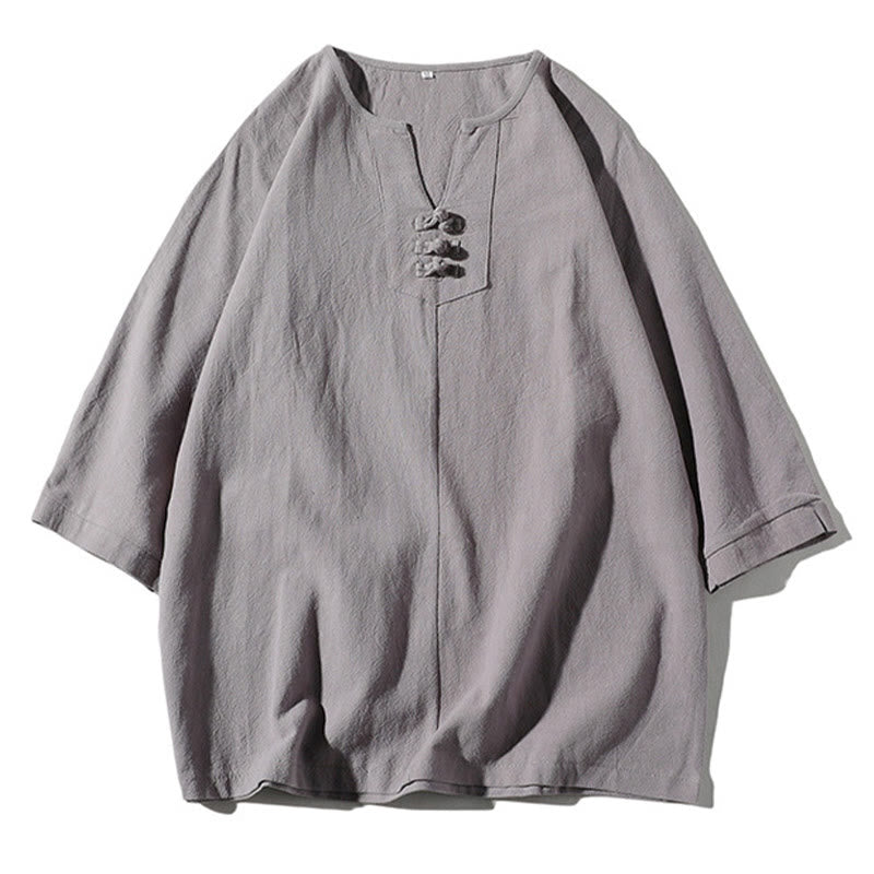 Ensemble de 2 pièces de méditation pour homme, t-shirt Buddha Stones à col cranté, short large longueur 7-8 avec poches, en coton et lin