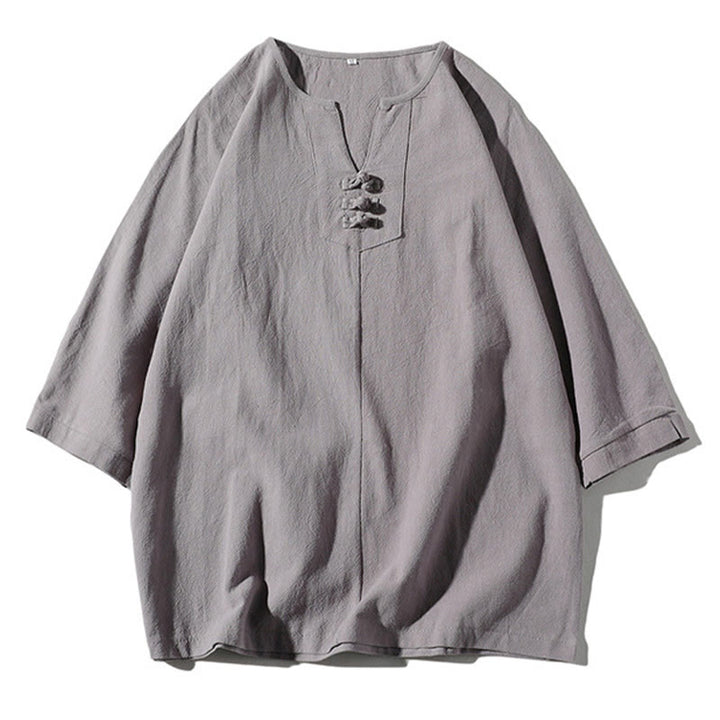 Ensemble de 2 pièces de méditation pour homme, t-shirt Buddha Stones à col cranté, short large longueur 7-8 avec poches, en coton et lin