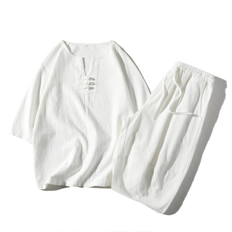 Ensemble de 2 pièces de méditation pour homme, t-shirt Buddha Stones à col cranté, short large longueur 7-8 avec poches, en coton et lin
