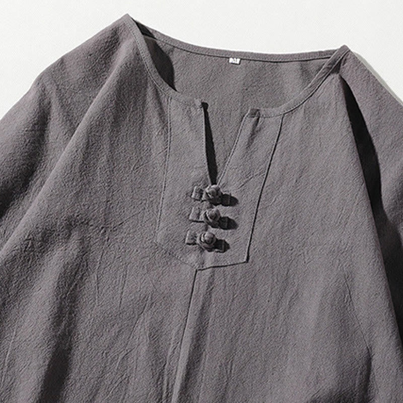 Ensemble de 2 pièces de méditation pour homme, t-shirt Buddha Stones à col cranté, short large longueur 7-8 avec poches, en coton et lin