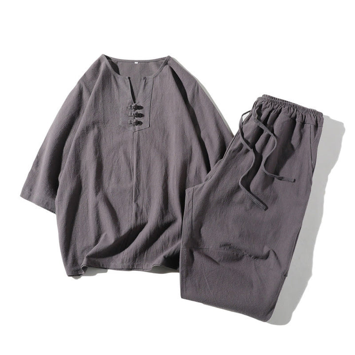 Ensemble de 2 pièces de méditation pour homme, t-shirt Buddha Stones à col cranté, short large longueur 7-8 avec poches, en coton et lin