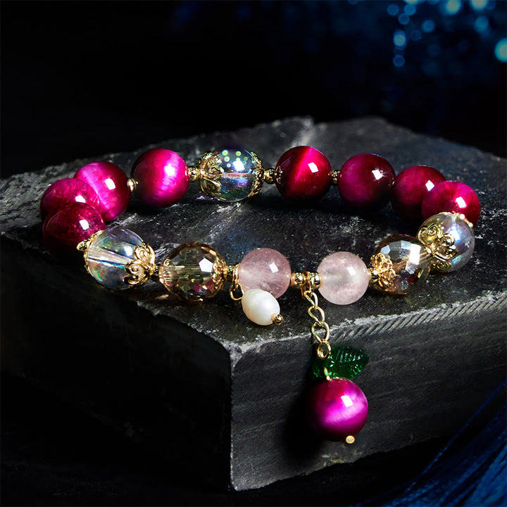 Bracelet de protection en Buddha Stones, œil de tigre rouge, violet, feuilles vertes