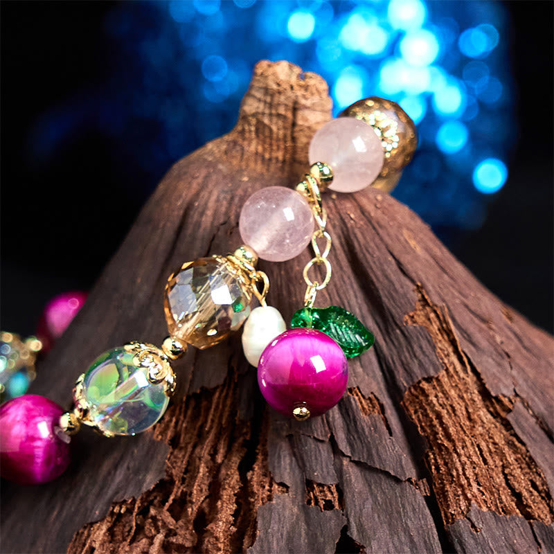 Bracelet de protection en Buddha Stones, œil de tigre rouge, violet, feuilles vertes
