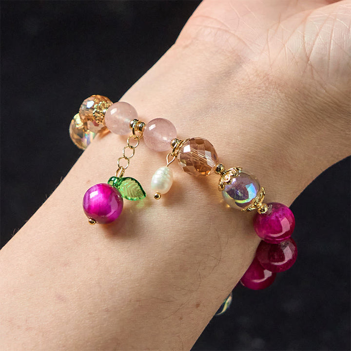 Bracelet de protection en Buddha Stones, œil de tigre rouge, violet, feuilles vertes