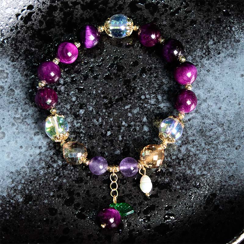 Bracelet de protection en Buddha Stones, œil de tigre rouge, violet, feuilles vertes - image 9