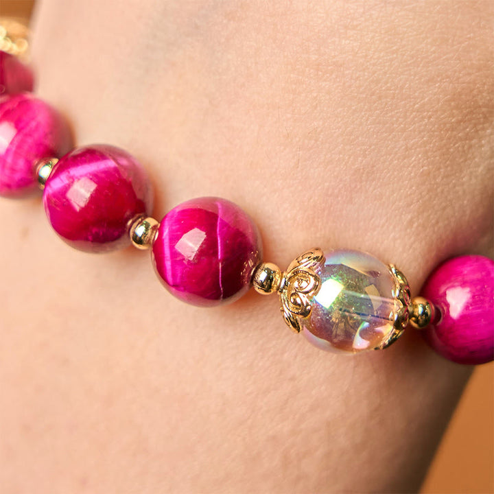 Bracelet de protection en Buddha Stones, œil de tigre rouge, violet, feuilles vertes