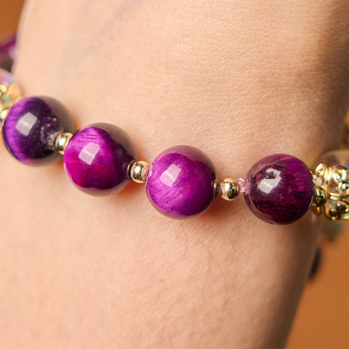 Bracelet de protection en Buddha Stones, œil de tigre rouge, violet, feuilles vertes - image 13
