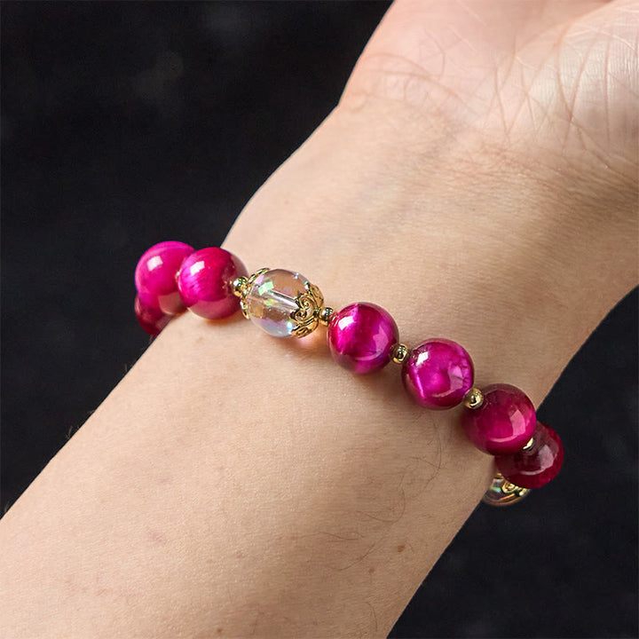 Bracelet de protection en Buddha Stones, œil de tigre rouge, violet, feuilles vertes