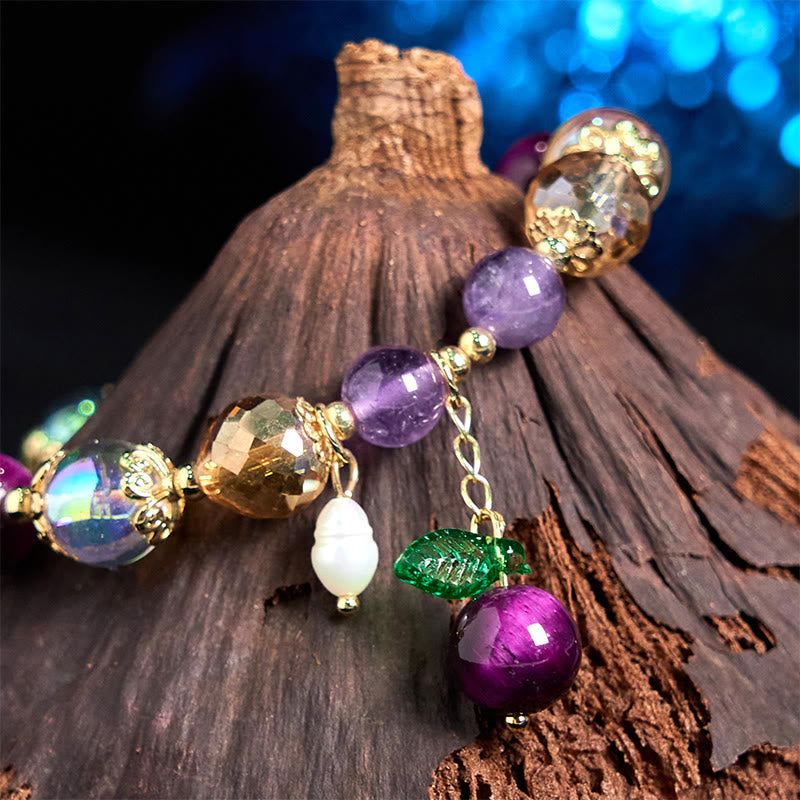 Bracelet de protection en Buddha Stones, œil de tigre rouge, violet, feuilles vertes
